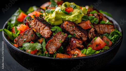 A fresh and flavorful vegan taco salad featuring a base of verdant mixed greens savory plant based meat juicy diced tomatoes and a rich creamy avocado dressing