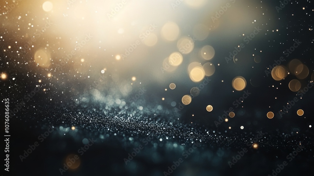 Obraz premium Dark and mysterious christmas background with abstract glitter lights in gold and black tones, featuring a hauntingly festive atmosphere with soft de-focused light effects for holiday-themed designs a