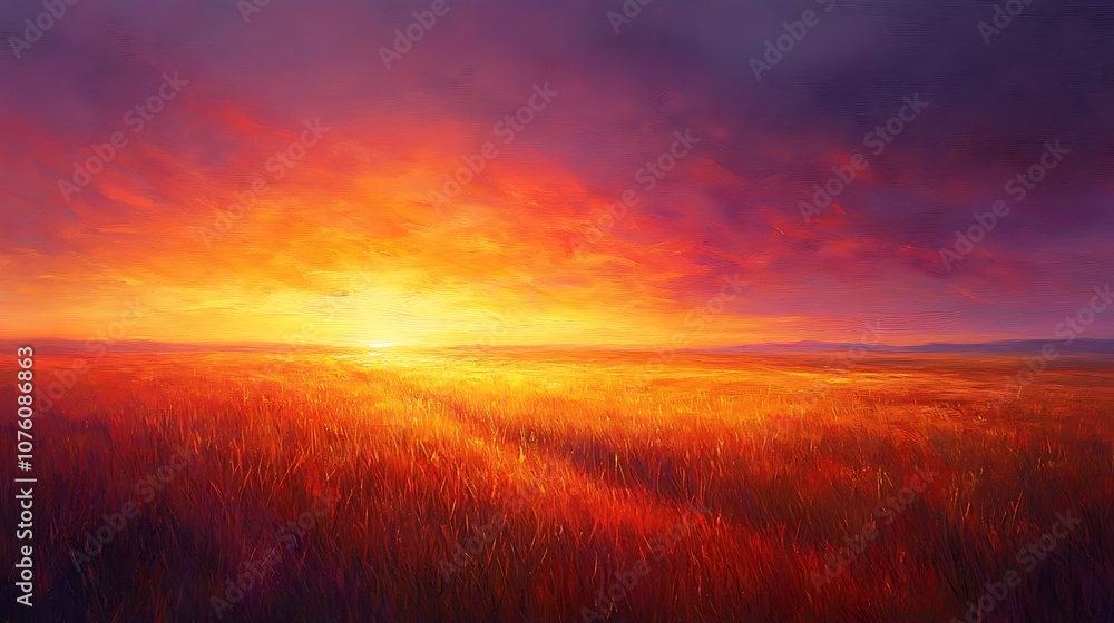 An open field split by sunrise with soft, pale colors and golden rays, transitioning into a dramatic sunset with fiery reds and deep purples, the sky a gradient of shifting light. --ar 16:9 An open field split by sunrise with soft, pale colors and golden rays, transitioning into a dramatic sunset with fiery reds and deep purples, the sky a gradient of shifting light. --ar 16:9