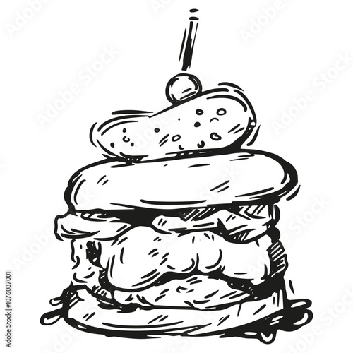 A delicious sketch of a classic burger topped with a pickle and cherry resting on a plate