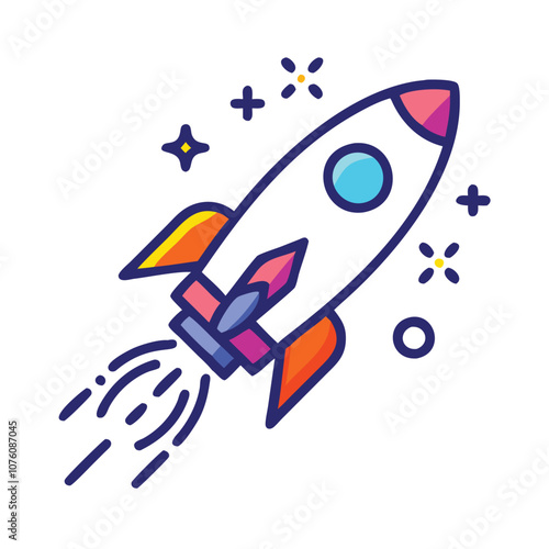 Colorful rocket icon launching with flames, Vector illustration of a rocket launching with a fiery trail, symbolizing space exploration, startups, and innovation.