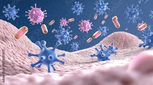 Illustration of antibodies binding to and neutralizing viruses in a detailed 3D microscopic environment. photo