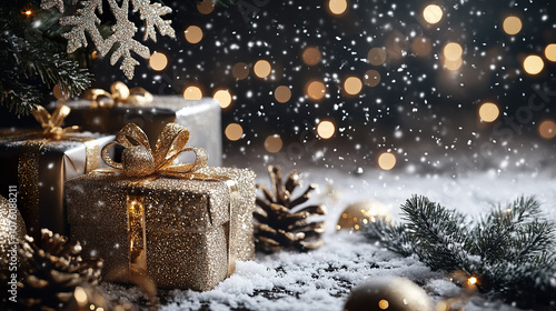 Golden gift boxes with ribbons sit under snow dusted Christmas tree, surrounded by pine cones and twinkling lights