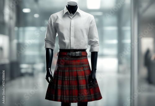 design scottish olated ethnic clothing fabric traditional fashion background event style olated showcase cultural garment image dress mannequin attire ritage elegance kilt displayed representation photo