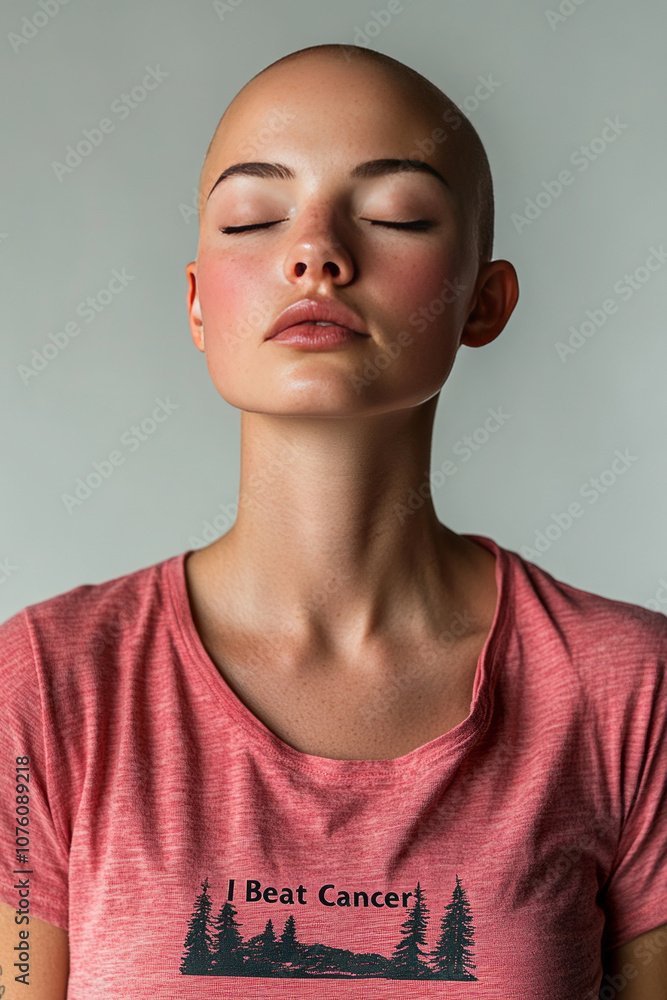 pink october concept, front view of beautiful bald woman with closed eyes wearing pink t-shirt pink october concept, front view of beautiful bald woman with closed eyes wearing pink t-shirt