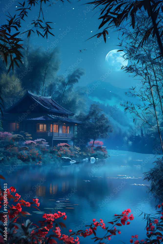 Obraz premium River in the forest with house and vibrant colors tree and flowers version 2