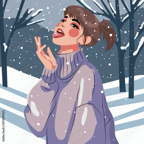 A carefree pretty girl in a warm winter sweater catches falling snowflakes with her tongue. Cartoon, flat vector illustration.
