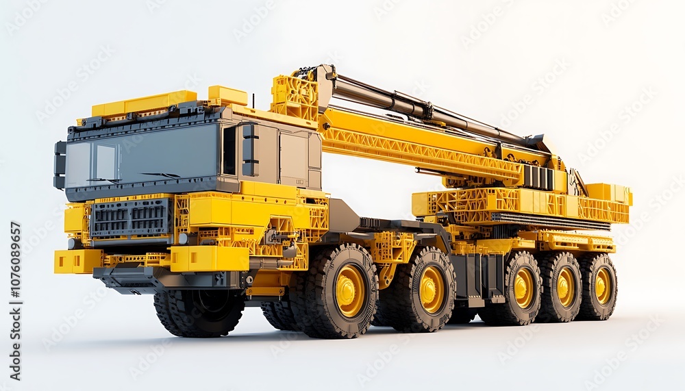 A detailed model of a yellow construction crane truck designed for heavy lifting tasks. A detailed model of a yellow construction crane truck designed for heavy lifting tasks.