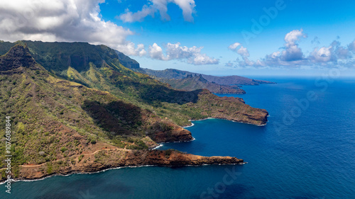 magnificent aerial view of the AAKAPA valley on the island of NUKU HIVA in the Marquesas archipelago in French Polynesia