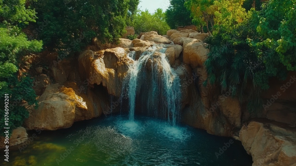 Naklejka premium Serene Waterfall Cascading into Tranquil Pool