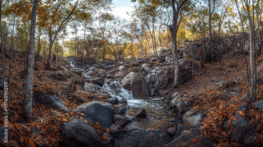 Scenic Autumn Stream Surrounded by Vibrant Foliage Scenic Autumn Stream Surrounded by Vibrant Foliage