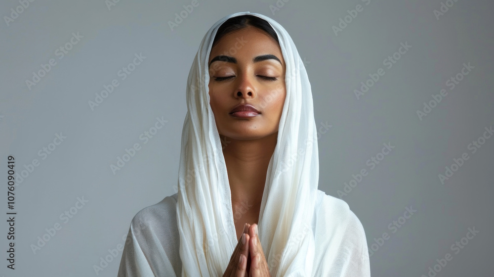 A Jain nun radiates tranquility with closed eyes while meditating, expressing peace against a clean, simple background A Jain nun radiates tranquility with closed eyes while meditating, expressing peace against a clean, simple background