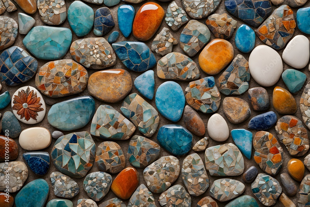 Mosaic of polished stones with unique hand painted designs creating an eclectic and artistic background, Ai Generated Mosaic of polished stones with unique hand painted designs creating an eclectic and artistic background, Ai Generated