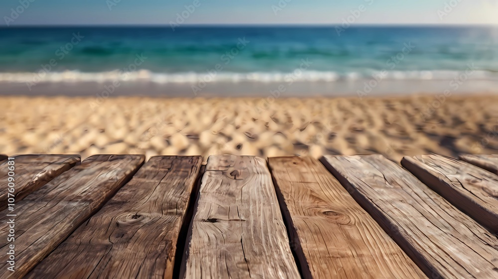 Empty wooden table on blur background of beautiful beach for mockup summer product display or travel ad. Picnic table with customizable space on table-top for editing. Empty wooden table on blur background of beautiful beach for mockup summer product display or travel ad. Picnic table with customizable space on table-top for editing.