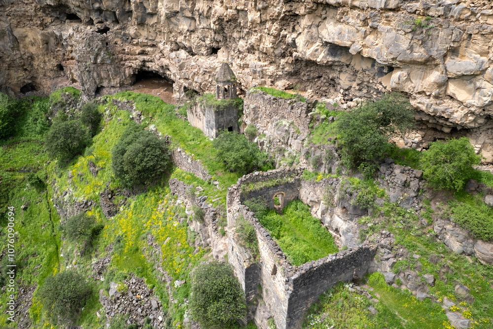 Aerial view of remains of Horomayri monastery on spring day. Odzun village, Armenia. Aerial view of remains of Horomayri monastery on spring day. Odzun village, Armenia.