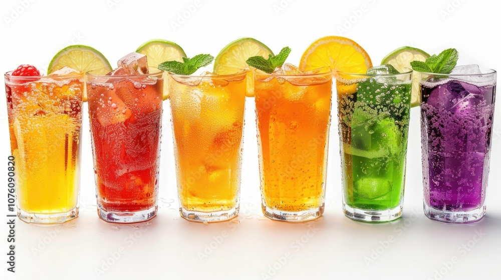 Vibrant and refreshing fruit cocktails in various colors, served in tall glasses with ice and garnished with fresh fruit slices and mint leaves. Perfect for summer parties and celebrations Vibrant and refreshing fruit cocktails in various colors, served in tall glasses with ice and garnished with fresh fruit slices and mint leaves. Perfect for summer parties and celebrations