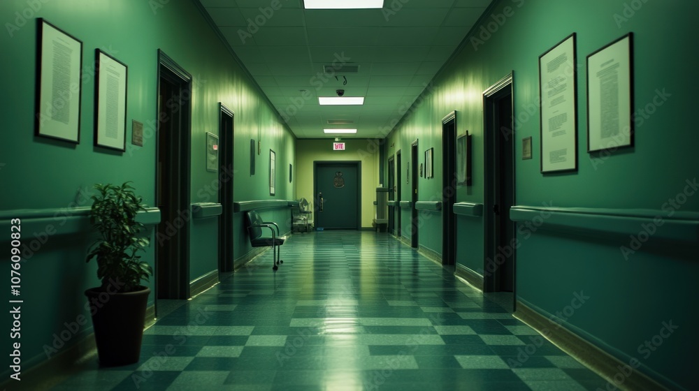 A quiet hospital corridor with green walls and doors, creating a calming atmosphere. A quiet hospital corridor with green walls and doors, creating a calming atmosphere.