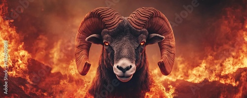 Aries ram with flames, surrounded by fiery landscape