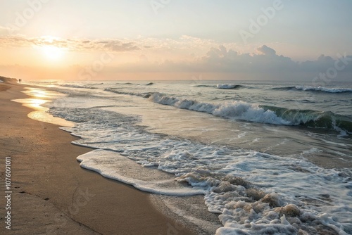 Gentle ocean waves kiss the sandy beach at dawn's warm light, sun, water photo