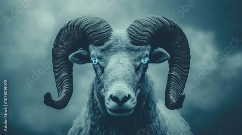 Aries ram with lightning in eyes, dynamic force