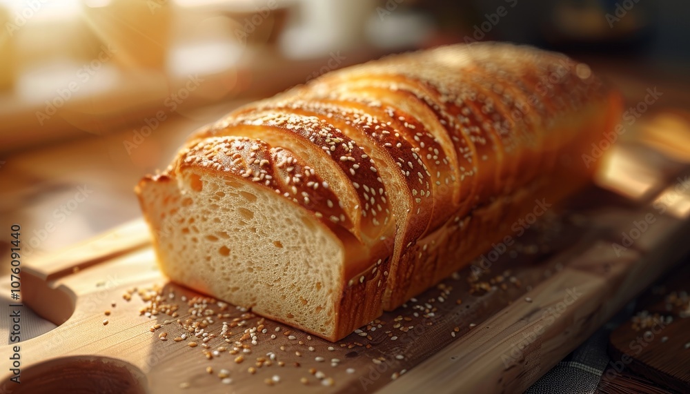 A loaf of freshly baked bread with sesame seeds on a wooden cutting board, with sunlight shining through the window. A loaf of freshly baked bread with sesame seeds on a wooden cutting board, with sunlight shining through the window.