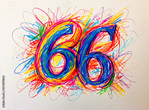 Sixty six 66 number in chaotic wax crayon drawing style on white background photo