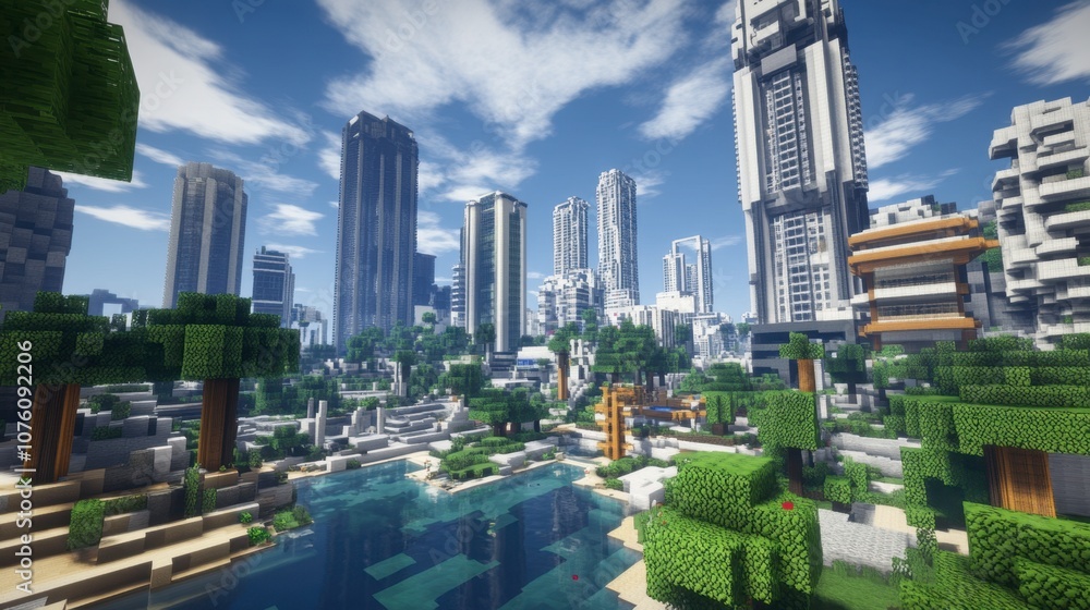 Naklejka premium Modern Cityscape with Water and Trees