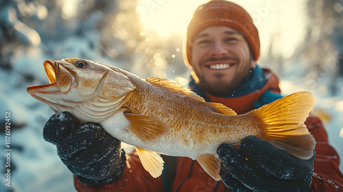 Portrait of a cheerful man holding a large fish on a winter fishing trip, displaying a sense of achievement, outdoor adventure, and the thrill of winter fishing, capturing the joy of a successful catc photo