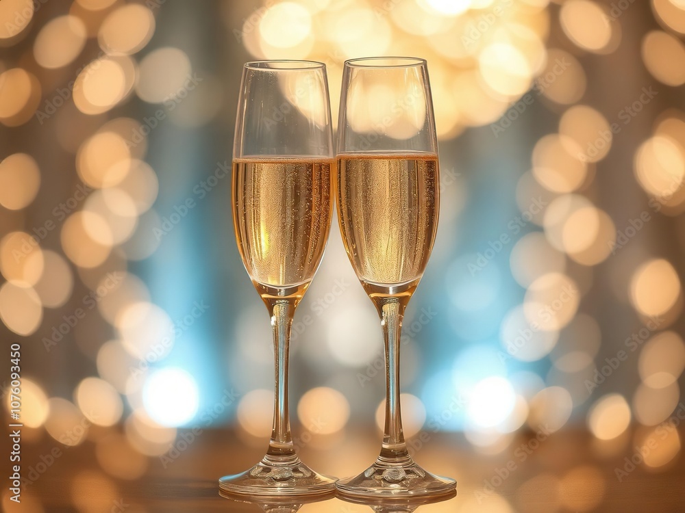 Glasses of champagne with elegant bokeh effect in background, anniversary, toast Glasses of champagne with elegant bokeh effect in background, anniversary, toast