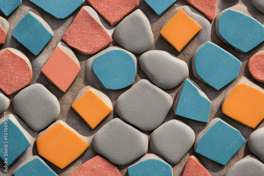 Patterned stones with geometric shapes in bright colors arranged in a tiled fashion, Ai Generated Patterned stones with geometric shapes in bright colors arranged in a tiled fashion, Ai Generated