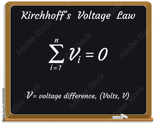 Kirchhoff's Loop Rule on a black chalkboard. Kirchhoff’s Voltage Law. Education. Science. Formula. Vector illustration.