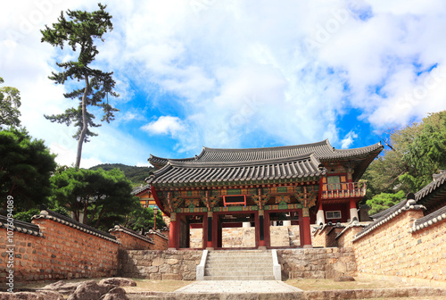 Wooden Burimun gate in Beomeosa Temple, Busan, South Korea. Beautiful Non-duality Gate (Liberation Gate) in traditional korean style photo