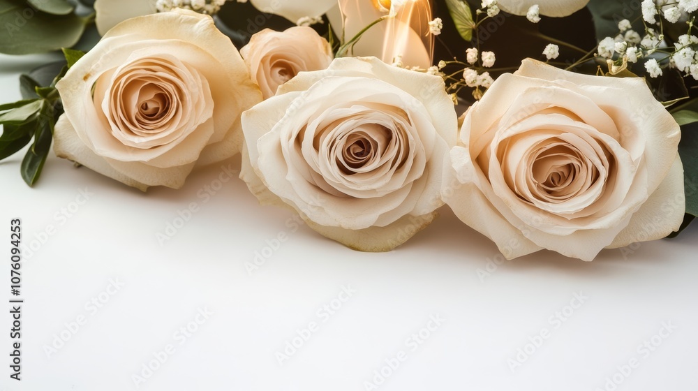 A serene arrangement of beige roses with delicate greenery, ideal for celebrations or decor. A serene arrangement of beige roses with delicate greenery, ideal for celebrations or decor.