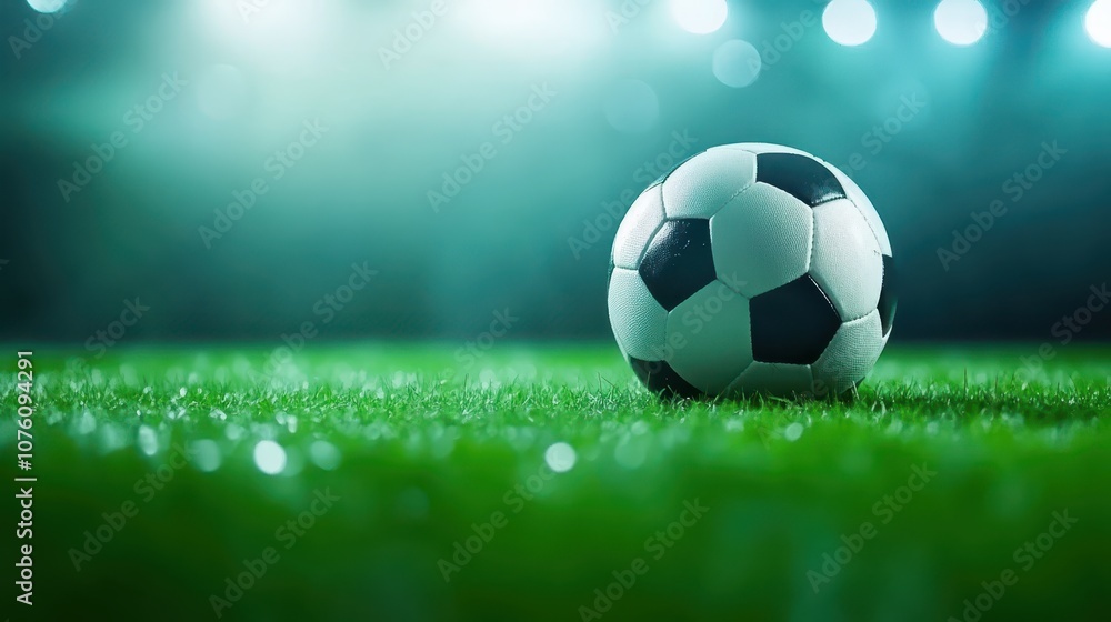 Fototapeta premium Illuminated soccer ball on vibrant green field, captivating scene of sports and competition under the spotlights