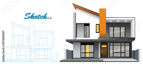 An Illustration of Modern Minimalist Template House Design with Blueprint Sketch, featuring a clean and contemporary two-story structure.  
