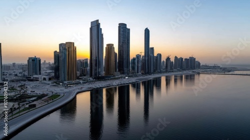 Modern skyscrapers reflect golden sunset hues, their sleek silhouettes mirrored in a calm waterway, capturing an urban evening's elegance.