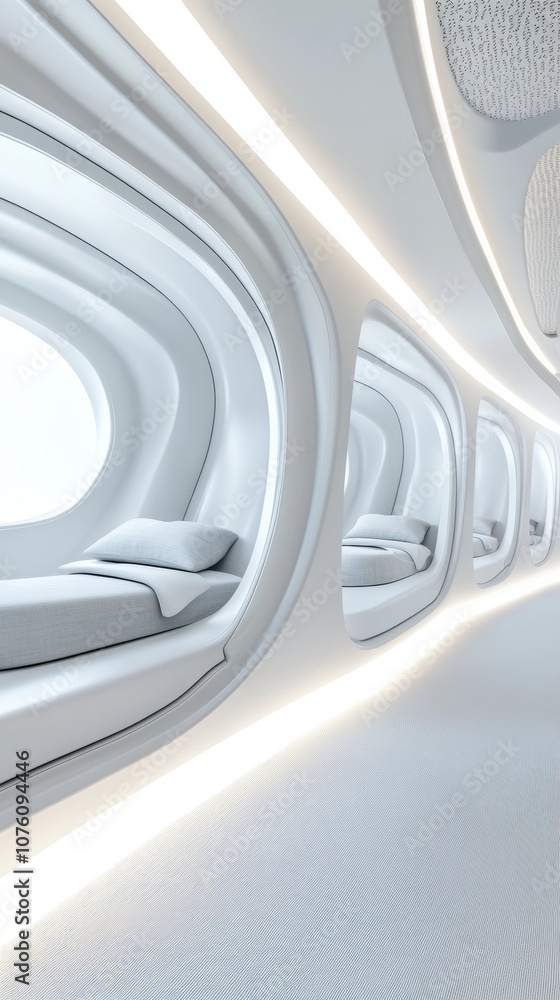 Futuristic pod-like sleeping quarters with sleek, minimalist design and soft lighting, AI Futuristic pod-like sleeping quarters with sleek, minimalist design and soft lighting, AI