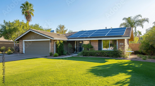 Single-family home with solar panels, clean energy, lush yard, bright sunlight, clear sky, close-up shot