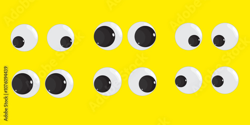 A set of plastic toy eyes. Glossy, bulging, puppet eyes. Cute, round, vector, isolated elements. Look down, up, left, right. Different, shaking, silly, hilarious pairs of eyeballs.