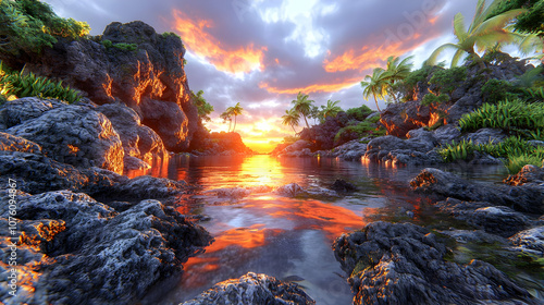 3D Illustration of a Sunset Over a Tropical River photo