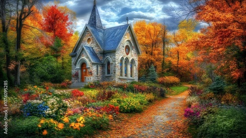 Scenic Autumn View of a Colorful Garden and Cottage