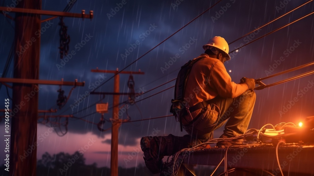 Electrician Working in the Rain Electrician Working in the Rain