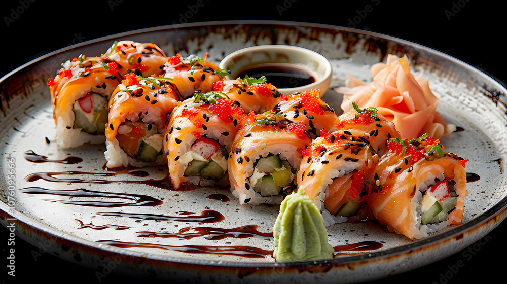 Colorful Sushi Rolls with Fresh Fillings and Garnishes Colorful Sushi Rolls with Fresh Fillings and Garnishes