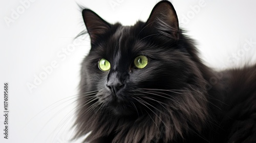 elegant black cat with luminous green eyes posed regally against a pure white background sharp contrast accentuates the felines graceful silhouette and glossy fur See Less8k photography,  photo