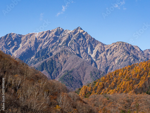 晴天の空と紅葉の鹿島槍ヶ岳 北アルプス