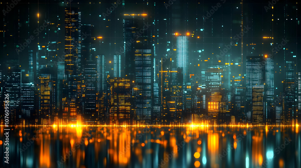 Fototapeta premium Cyberpunk Cityscape with Neon Lights and Reflections
