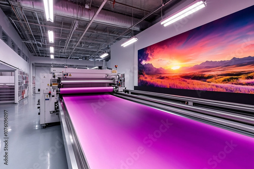 High-Tech Large Format Printing Machine in Action, Industrial Printing Process with Advanced Equipment, Large Format Printer Demonstrating Precision Operation. photo