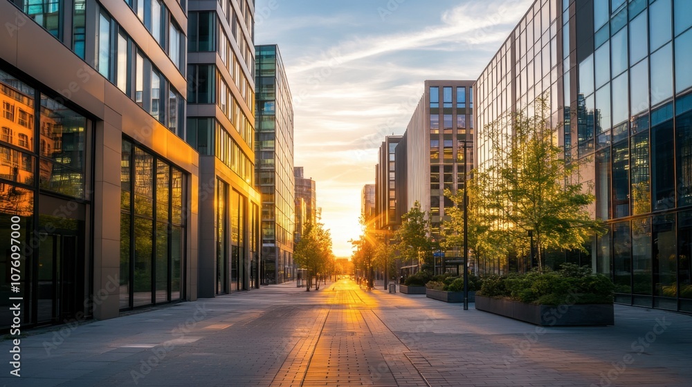 Urban Sunset View Between Modern Architecture Urban Sunset View Between Modern Architecture