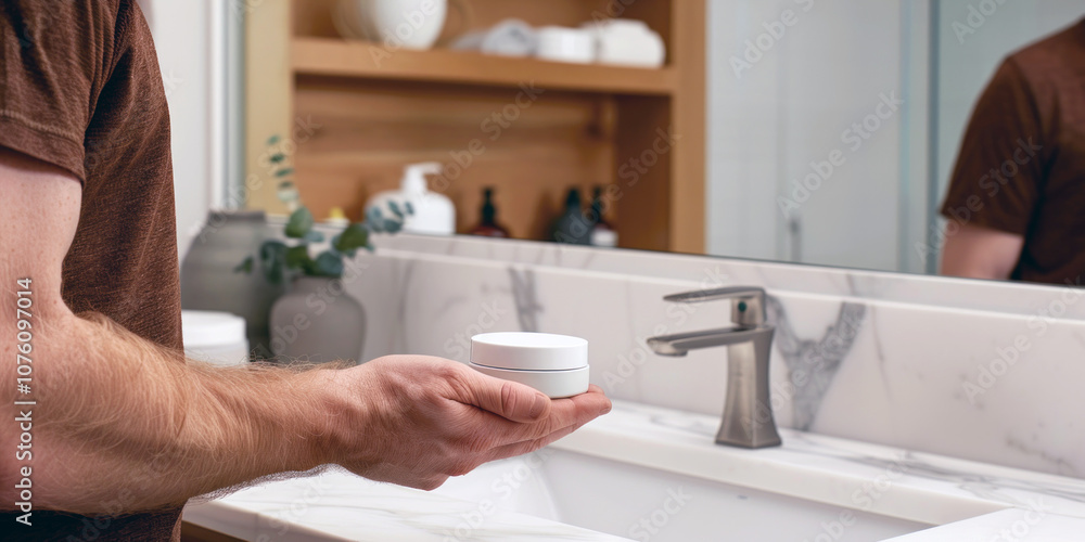 In a well-lit bathroom, a man holds a jar of medical cream, attentively reading the instructions while standing by the sink. National Winter Skin Relief Day In a well-lit bathroom, a man holds a jar of medical cream, attentively reading the instructions while standing by the sink. National Winter Skin Relief Day