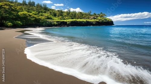 Serene beach with gentle waves and lush greenery under a bright blue sky.